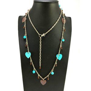 Vintage Enamel Heart and Glass Bead Necklace Turquoise and Brown Silver Tone